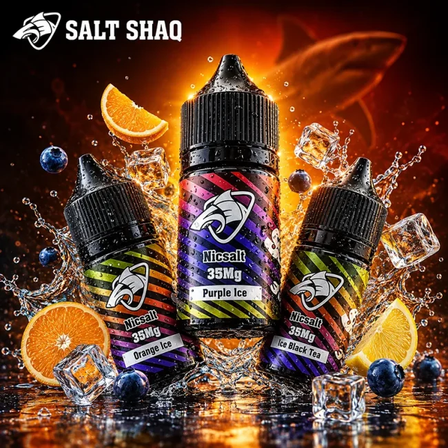 彩鯊菸油 SALT SHAQ 35mg 尼古丁鹽菸油主圖 SALT SHAQ 彩鯊菸油 35mg 尼古丁鹽主圖,展示紫冰、橙冰與冰紅茶口味瓶身